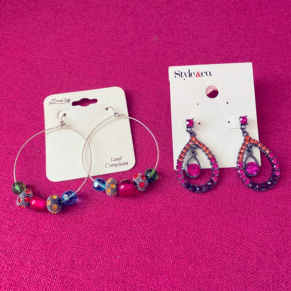 🧩 2/$20 Bundle of rhinestone beaded earrings set of 2 hoops teardrops NWT